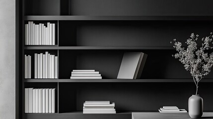 Poster - Modern black bookshelf with white books and floral decor