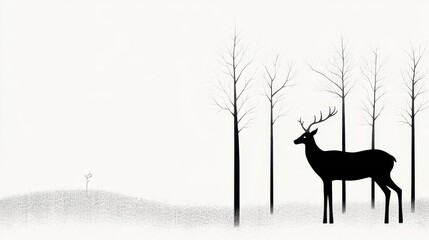 Poster - Elegant Illustration of a Deer in a Serene Grove with Minimalistic Black Trees and Soft Background