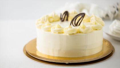 Wall Mural - Delicious white chocolate cake topped with creamy frosting. Tasty festive dessert. Sweet food.