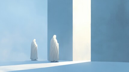 Poster - Ethereal Guardians Against the Light in a Minimalist Landscape with Soft Pastel Tones and Abstract Forms