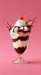 Poster - ice cream sundae with chocolate syrup cherry and whipped cream in glass cup