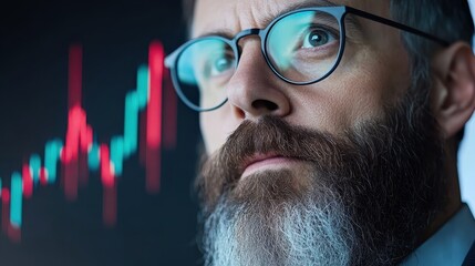 Poster - Focused investment professional analyzing market trends with serious expression and financial chart background