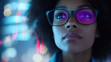 Poster - Women in Business with Glasses Analyzing Investment Data in Modern Office Environment with Financial Charts in Background