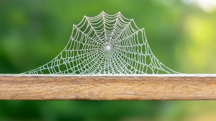 Poster - Delicate Spider Web Glistening in Morning Light on Wooden Surface with Soft Green Background