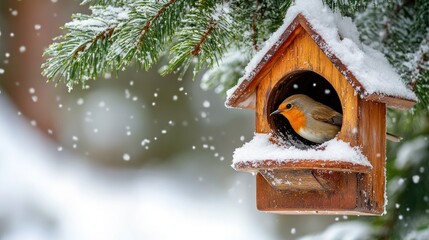 Wall Mural - Robin in snowy birdhouse, winter forest, snowfall