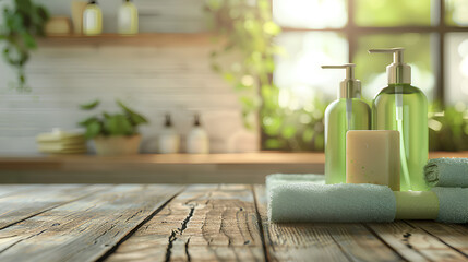 White blurred bathroom interior with green shampoo, soap, and towel on a wooden table for a product display montage mockup design template