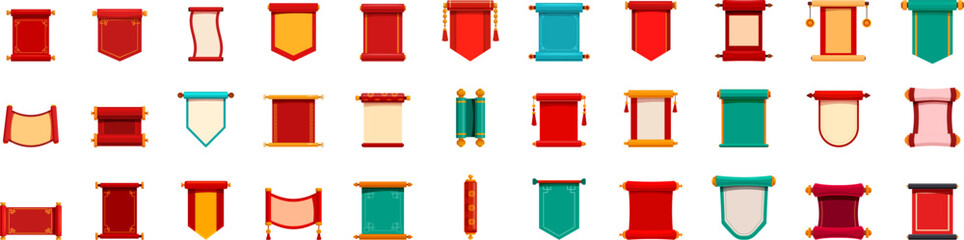 Poster - Chinese hanging scroll icons set. Set of ancient scrolls representing traditional asian documents with blank space for calligraphy or imperial edicts