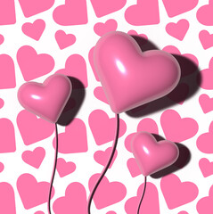 Aufkleber - Pink hearts with shadow on the background of a pattern with white hearts, 3D rendering illustration