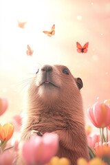 Wall Mural - A serene 3D rendering of a groundhog in a spring meadow, surrounded by colorful tulips and butterflies, symbolizing the end of winter,