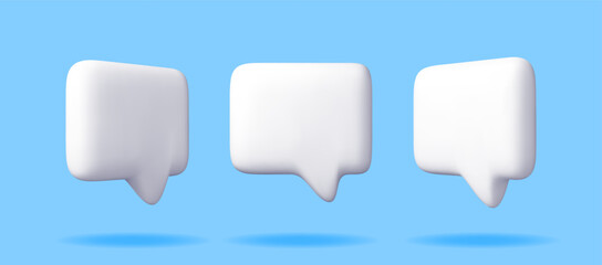 Fototapete - 3D white blank speech bubble set isolated on blue. Render collection of chat balloon pin. Notification shape mockup. Communication, web, social network media, app button. Realistic vector illustration