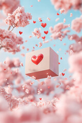 Canvas Print - Floating gift box amidst cherry blossoms and hearts.