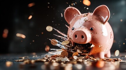 A dynamic image of a piggy bank bursting open, scattering coins in all directions, symbolizing financial challenges and the unpredictability of savings.