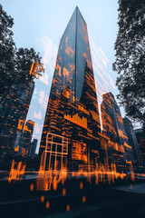 Poster - A serene image of a modern skyscraper with digital screens showing various international currencies and economic graphs, symbolizing global finance,