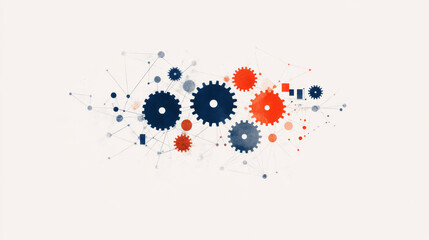 Poster - A minimalist illustration of interconnected gears and cogs with flags from different countries, symbolizing the seamless operation of international economic systems,