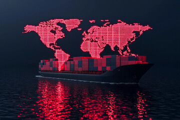 Poster - A creative visualization of blockchain technology facilitating international trade, with digital ledgers and secure transactions connecting countries globally,