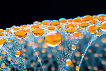 Aufkleber - A stunning macro close-up of a dew-covered spiderweb glistening in the early morning light, highlighting intricate patterns and delicate strands,