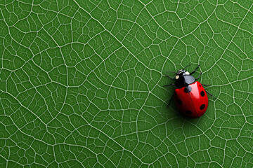 Aufkleber - A beautiful macro close-up of a ladybug on a green leaf, highlighting its vivid red color and black spots against the intricate leaf veins,