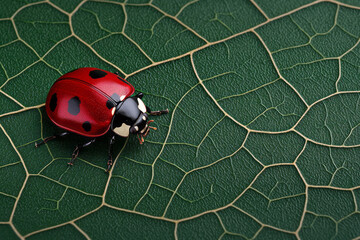 Aufkleber - A beautiful macro close-up of a ladybug on a green leaf, highlighting its vivid red color and black spots against the intricate leaf veins,