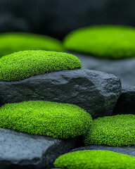 Aufkleber - A captivating macro image of moss-covered rocks, emphasizing the tiny green filaments and intricate textures that create a lush, natural carpet,