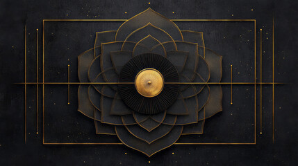 Poster - An intricate geometric mandala with layered concentric shapes and intricate line work, rendered in gold and black for a luxurious aesthetic,