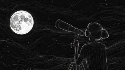 telescope watcher gazing at the moon, continuous line art, low poly style, celestial exploration, se