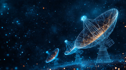 Wall Mural - deep space exploration: a futuristic, wireframe rendering of a satellite dish array against a backdr