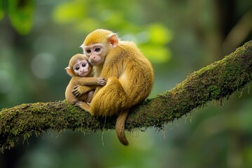 Poster - Two monkeys cuddling on a mossy branch in a lush green forest.
