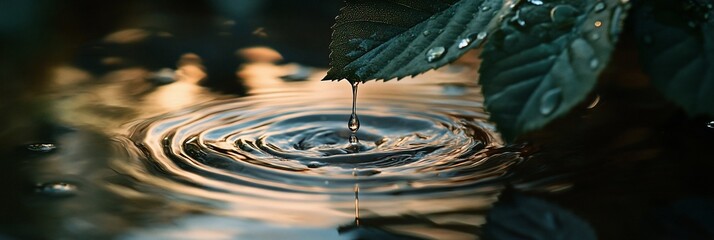 Leinwandbilder - Water droplet falling from a leaf, creating ripples on the water surface.