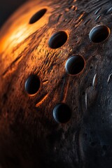 Leinwandbilder - Close-up of a textured, dark surface with circular holes, illuminated with warm light.