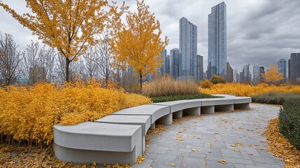 Poster - Curved concrete bench in autumnal park with skyscrapers in background.
