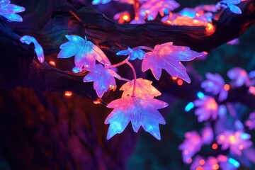 Wall Mural - Illuminated Maple Leaves Adorn A Dark Tree Branch