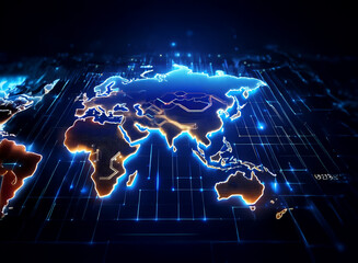 Poster - Glowing world map on a digital circuit board background, representing global network connections and data flow.  The image showcases international connectivity and technological advancement.