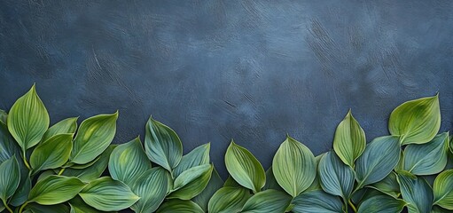 Poster - Lush green leaves border on dark blue textured background.