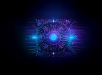 Aufkleber - A vibrant, futuristic circular interface glows with blue and purple hues against a dark background.  Intricate circuitry and glowing nodes suggest advanced technology.