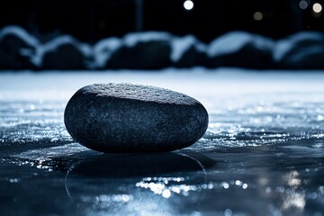 Aufkleber - single dark grey stone rests on icy surface at night, reflecting light.