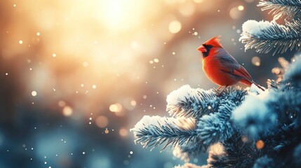 Wall Mural - Snowy Sunrise Cardinal on Pine, Winter Wonderland