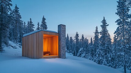 Aufkleber - Cozy wooden cabin in snowy forest at twilight.