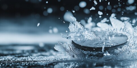 Poster - Close-up of a hockey puck splashing in water, creating a dynamic water splash.