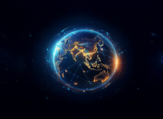 Aufkleber - A glowing digital Earth, centered on Asia, is encircled by a network of interconnected nodes, representing global connectivity and data flow.  The dark background emphasizes the planet's technological