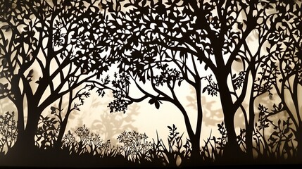 Poster - Silhouette of trees and plants in a forest with a light beige background.