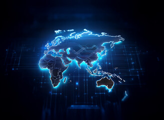 Poster - Glowing world map, digital network, global connection, futuristic technology, data flow, dark background.