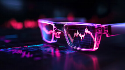 Fototapete - A sleek virtual reality headset view showcasing interactive stock market chart lines moving in real-time, integrated with holographic financial indicators and data streams,