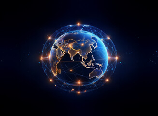 Poster - A glowing digital Earth encircled by a network of interconnected nodes, representing global communication and connectivity.  Points of light illuminate the continents.