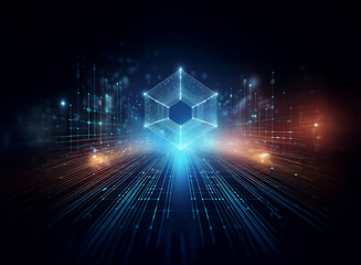Aufkleber - A glowing, geometric cube floats above a digital highway, representing data flow and technological advancement in a dark, futuristic setting.  The scene evokes a sense of speed and innovation.