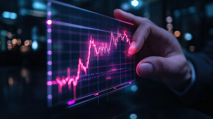 Poster - A professional trader using a VR headset to navigate through 3D stock market charts, with interactive lines and graphs that respond to hand gestures in a futuristic office environment,