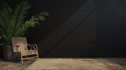 Aufkleber - Modern minimalist room interior with wicker chair, potted plant, and dark wall.