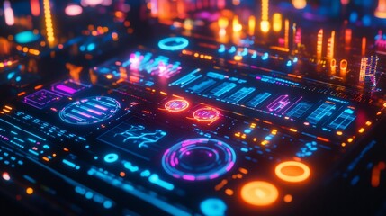 Aufkleber - Futuristic neon interface with glowing digital elements and vibrant colors.
