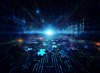 Fototapete - A glowing digital pathway of interconnected puzzle pieces stretches into a bright, futuristic horizon.  This abstract image symbolizes technological solutions and innovation.