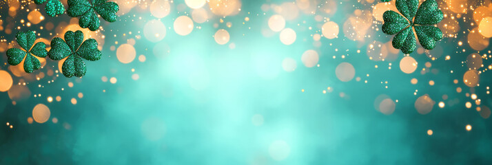 Aufkleber - A vibrant festive background featuring shining green clover shamrocks scattered across a golden bokeh backdrop, creating a magical St,