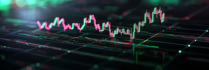 Poster - A virtual reality trading platform featuring 3D stock market chart lines that float and move dynamically around the user, integrated with real-time market data and interactive controls,